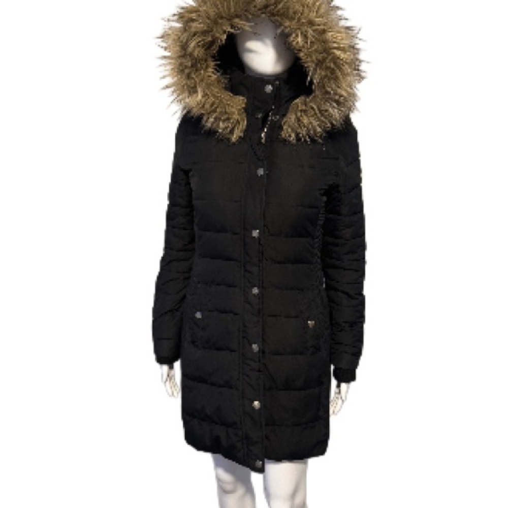Women's Black Puffer Coat with Faux Fur Hood